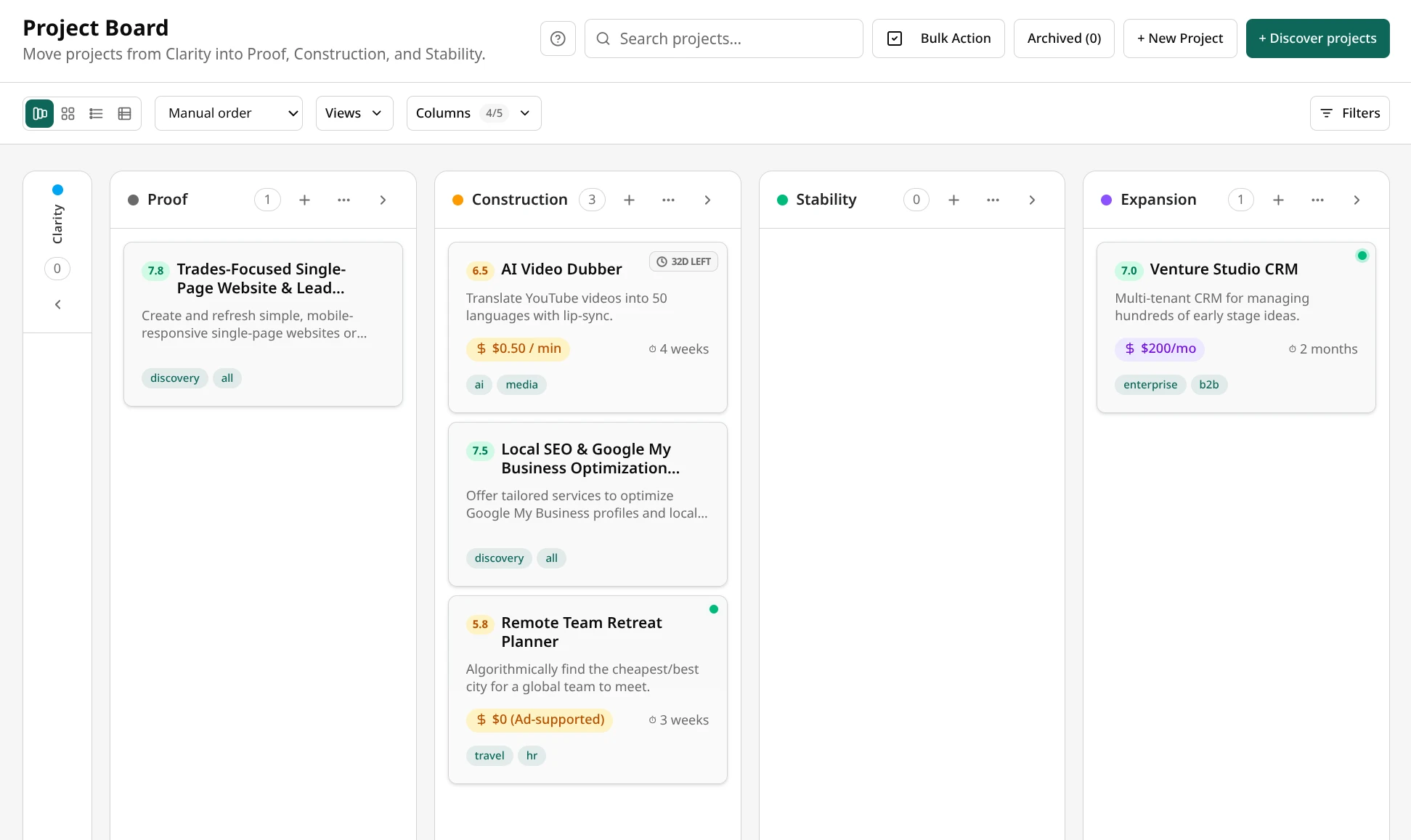 Foundaro kanban board